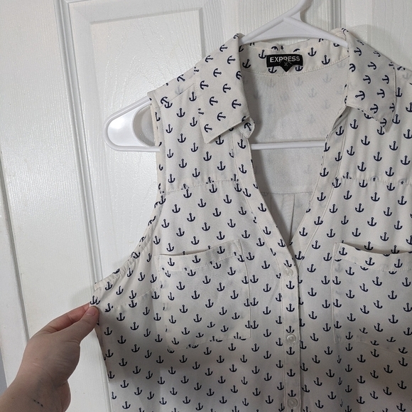 Express Anchor Print‎ Button-Up Sleeveless White & Blue Nautical Dress Size S - Picture 4 of 8